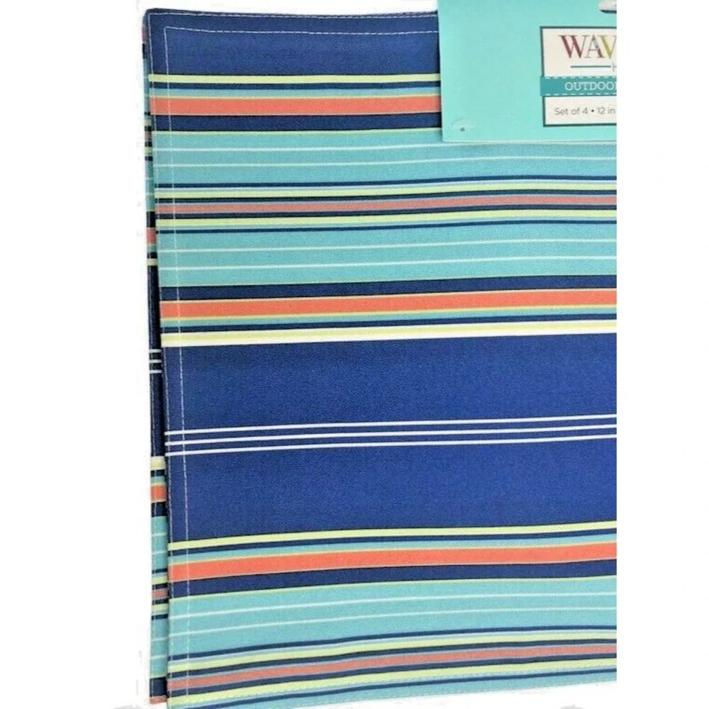 Waverly Placemats Blue Striped Fabric Indoor Outdoor Beach Summer Set of 4